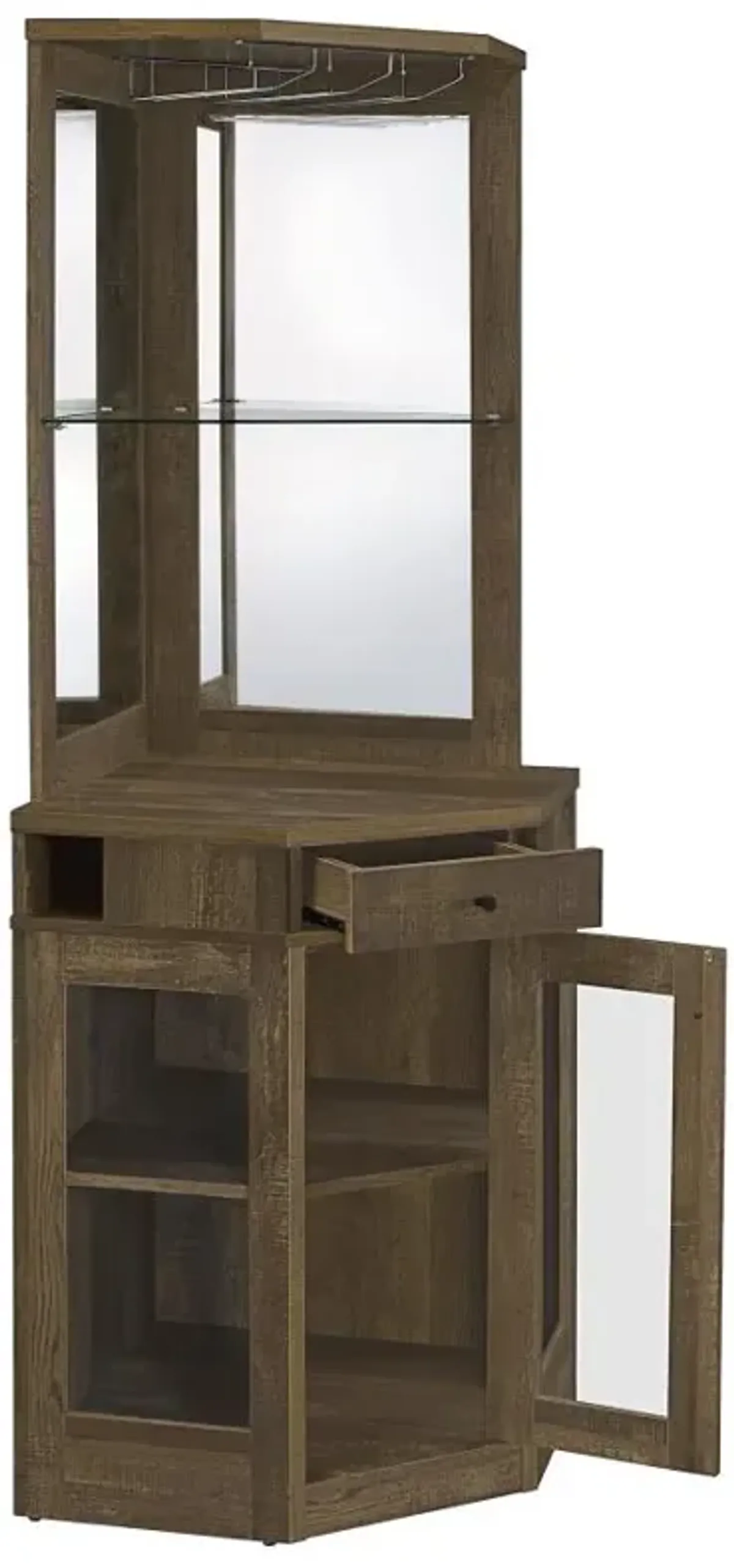 Alviso Corner Bar Cabinet with Stemware Rack Rustic Oak