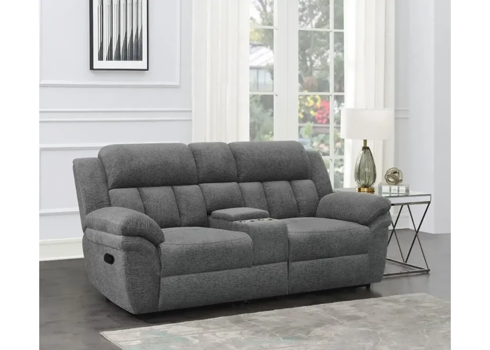 Bahrain Upholstered Motion Loveseat with Console Charcoal