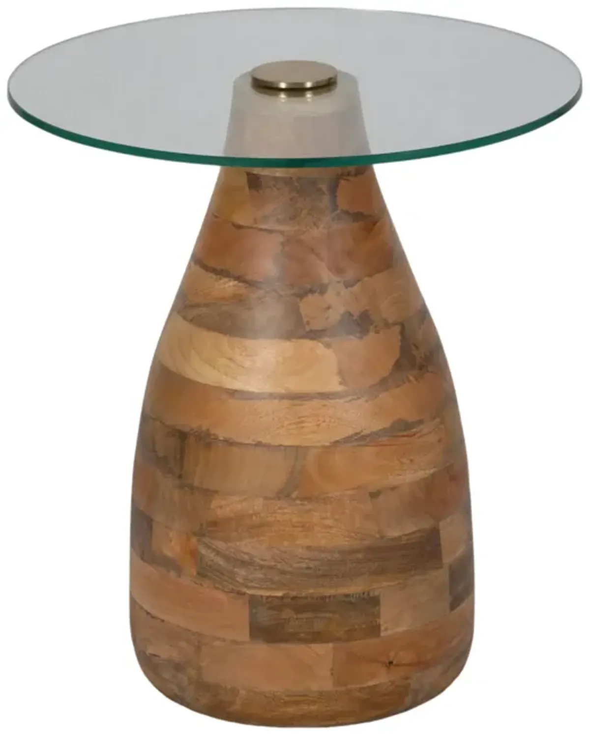 20" Striped Wood Accent Table With Glass Top, Natu