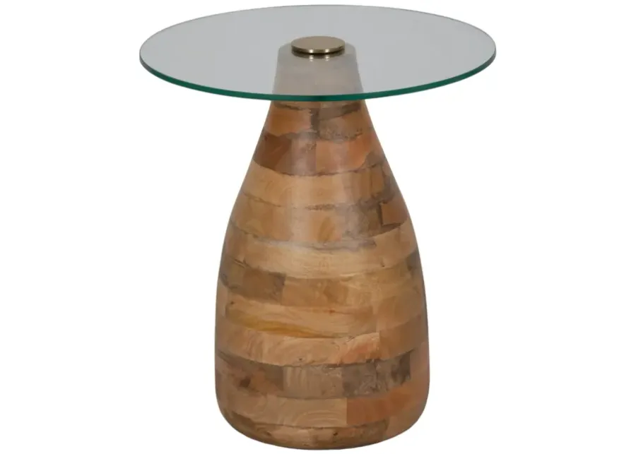 20" Striped Wood Accent Table With Glass Top, Natu