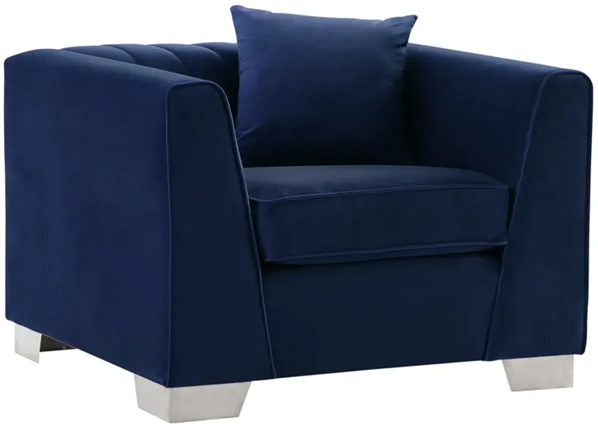 Cambridge Contemporary Chair in Brushed Stainless Steel and Blue Velvet