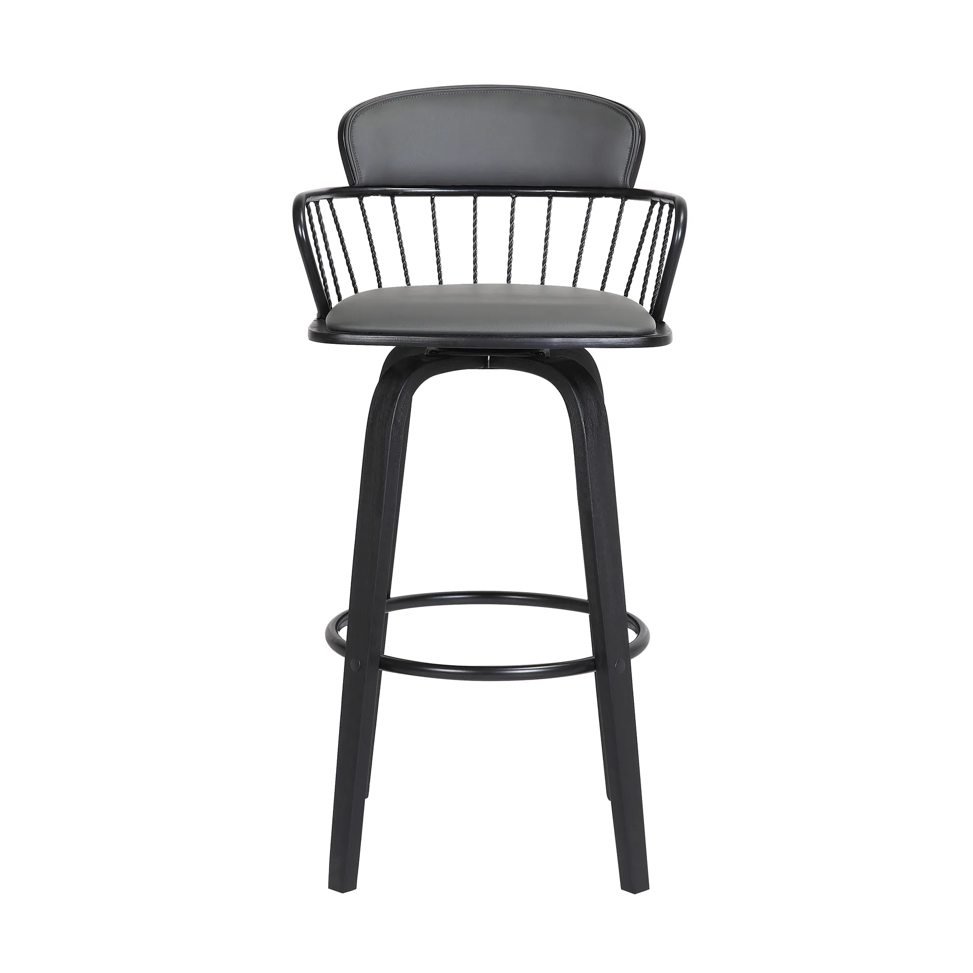 Willow 25.5" Swivel Black Wood Counter Stool in Gray Faux Leather with Black Metal