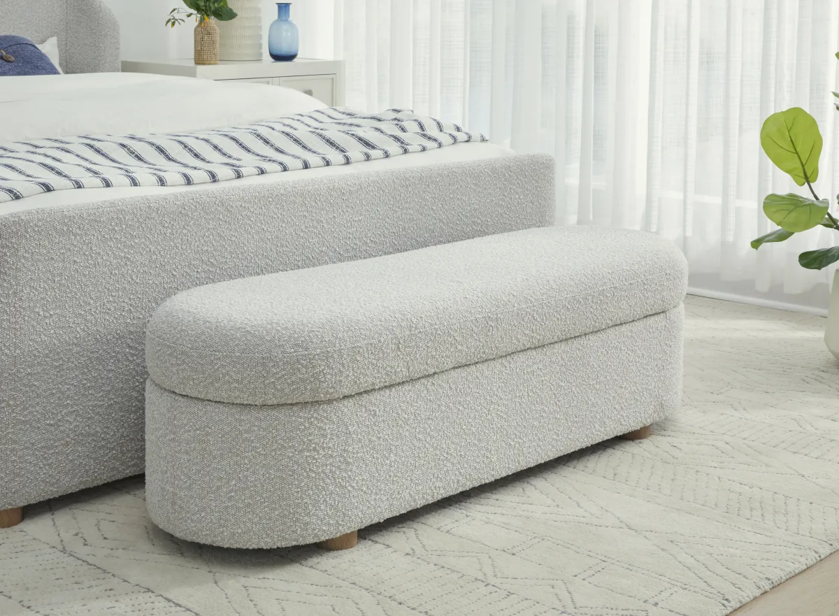 Kiki Upholstered Hinged Storage Bench in Cotton Ball Boucle