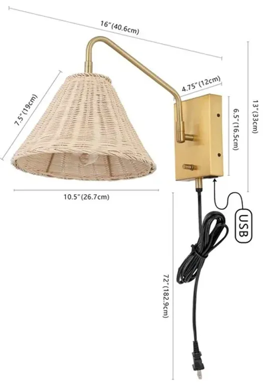 TRESSA, 16 INCH, NATURAL/BRASS, RATTAN/IRON WALL SCONCE SET OF 2 W/ USB PORT?