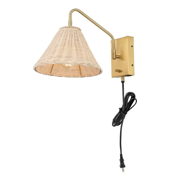 TRESSA, 16 INCH, NATURAL/BRASS, RATTAN/IRON WALL SCONCE SET OF 2 W/ USB PORT?