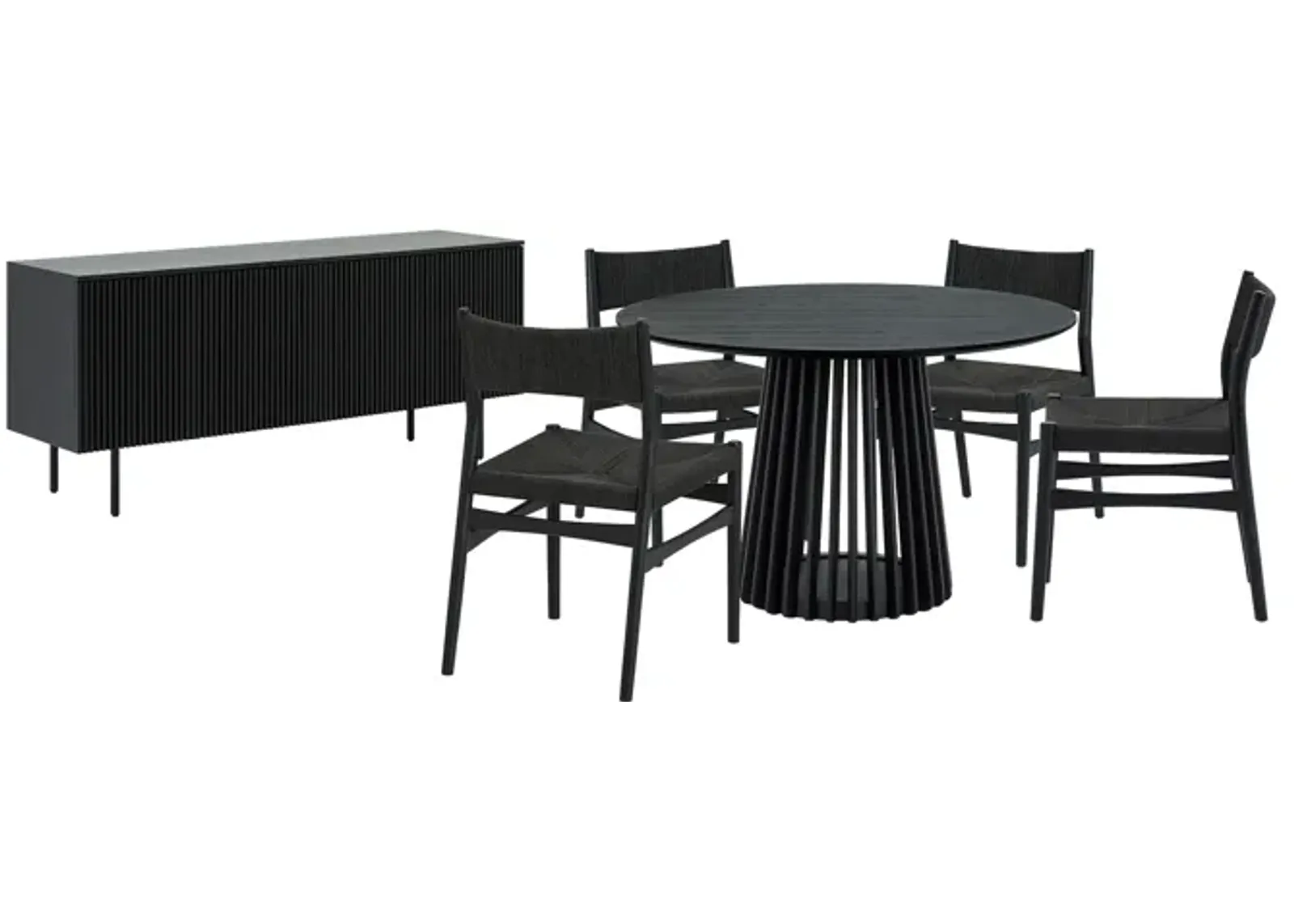 Pasadena Erie 6 Piece Round Dining Set with Buffet in Black Oak Finish with Paper Cord Chairs