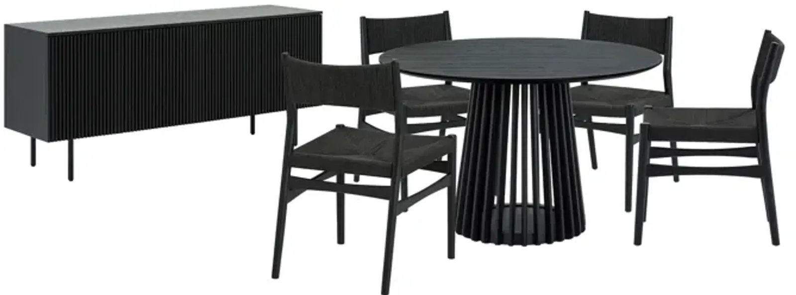 Pasadena Erie 6 Piece Round Dining Set with Buffet in Black Oak Finish with Paper Cord Chairs