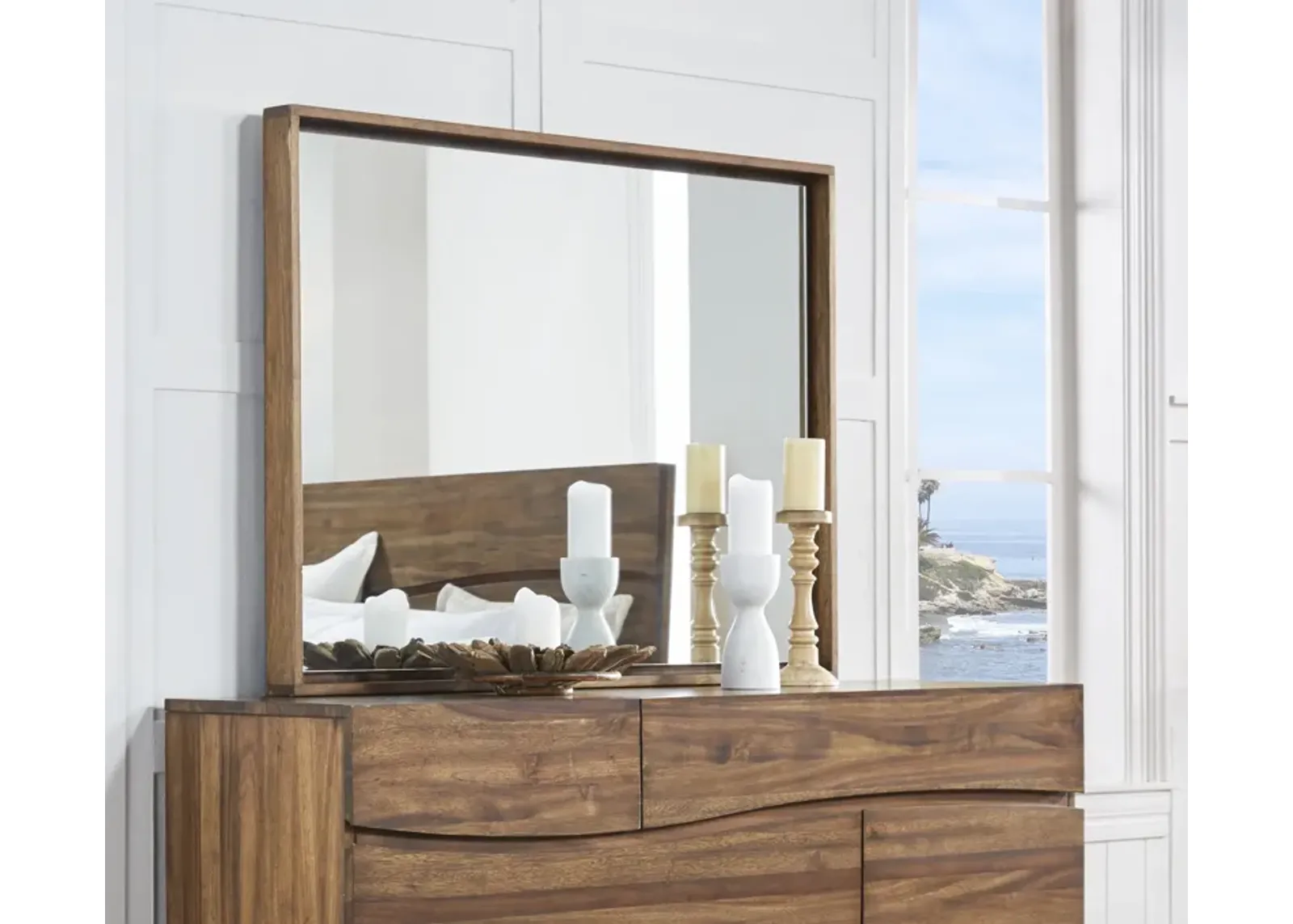 Ocean Solid Wood Floating Glass Mirror in Natural Sengon