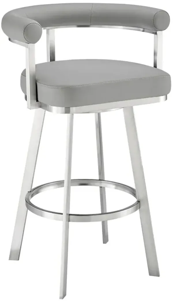 Nolagam Swivel Bar Stool in Brushed Stainless Steel with Light Gray Faux Leather