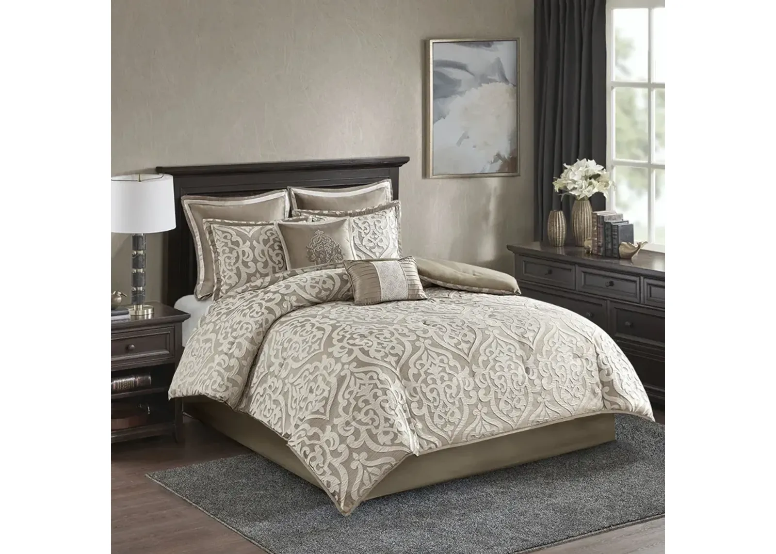 Madison Park Odette Tan/Ivory 8 Piece Jacquard Comforter Set