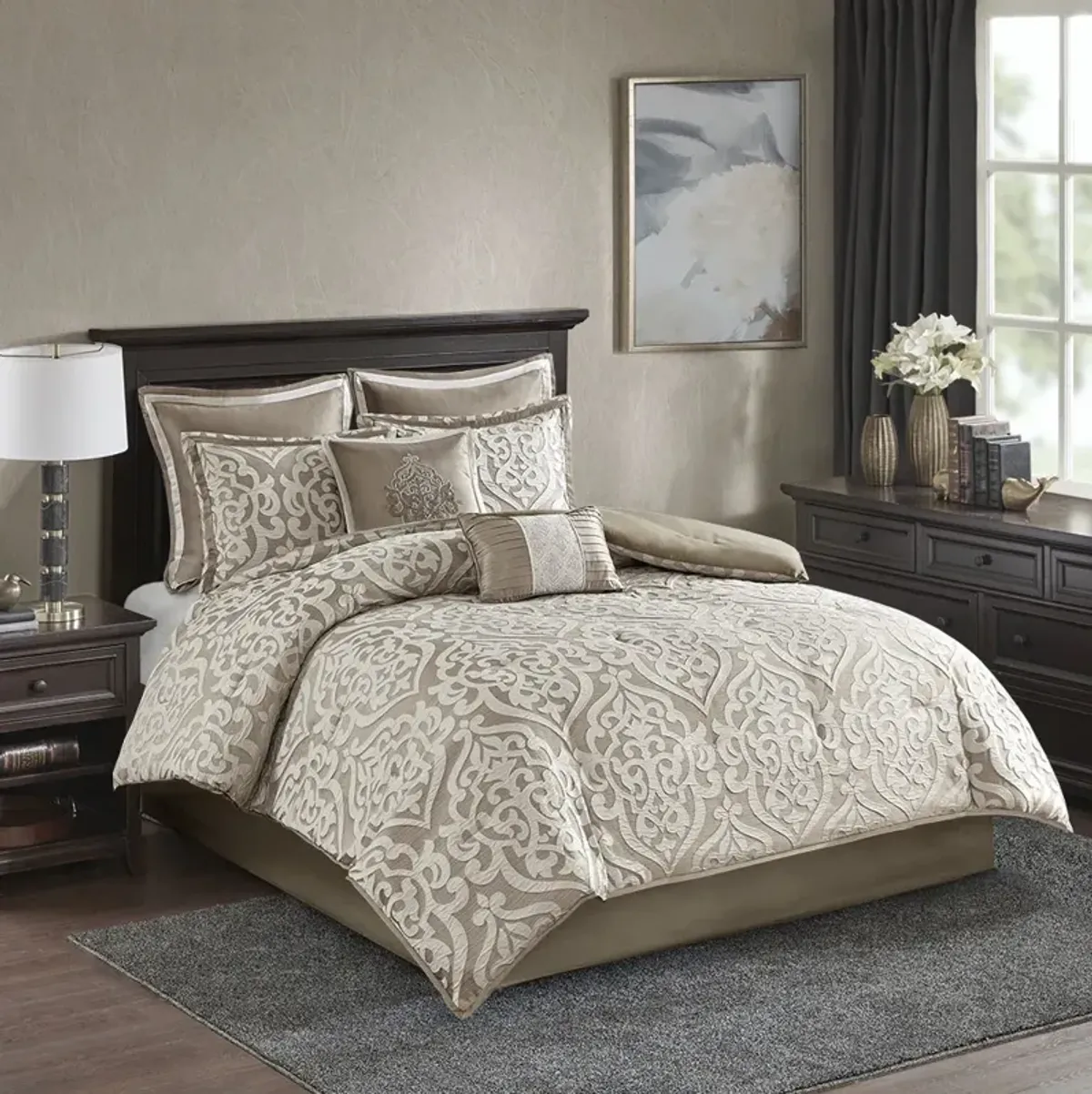 Madison Park Odette Tan/Ivory 8 Piece Jacquard Comforter Set