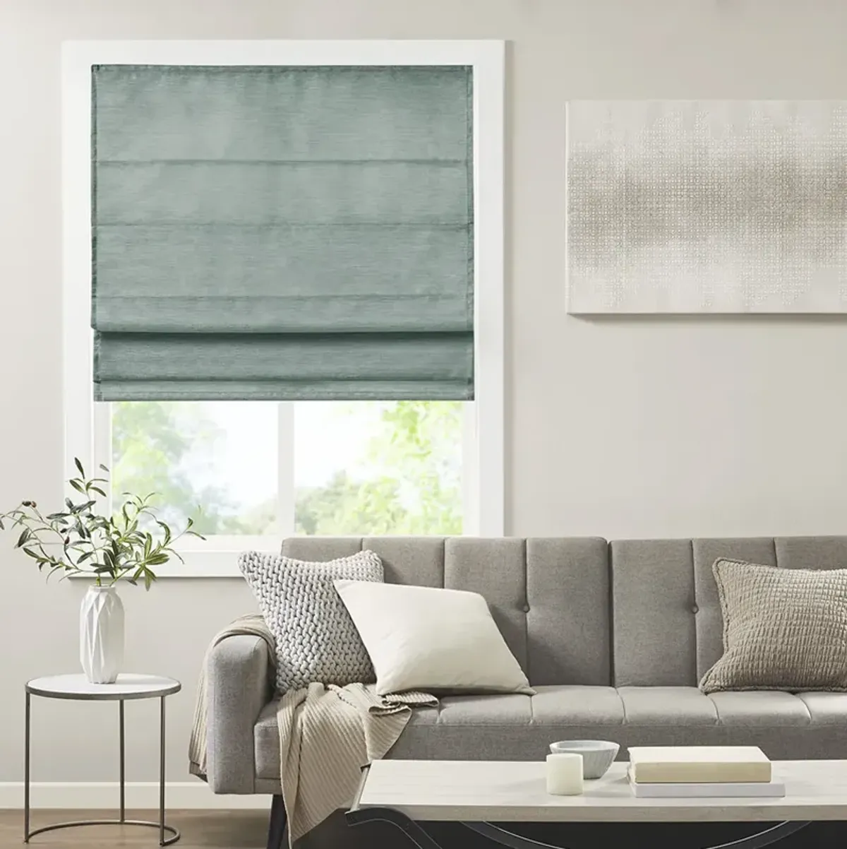 Madison Park Como Green Printed Faux Silk Room Darkening Cordless Roman Shade