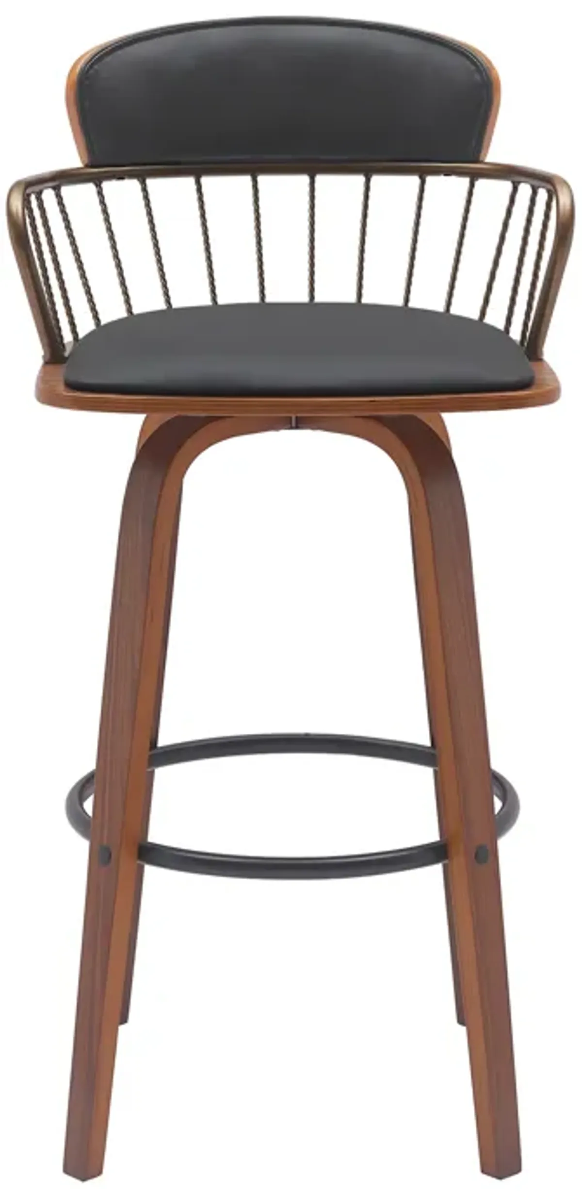 Willow 30" Swivel Walnut Wood Bar Stool in Black Faux Leather with Golden Bronze Metal