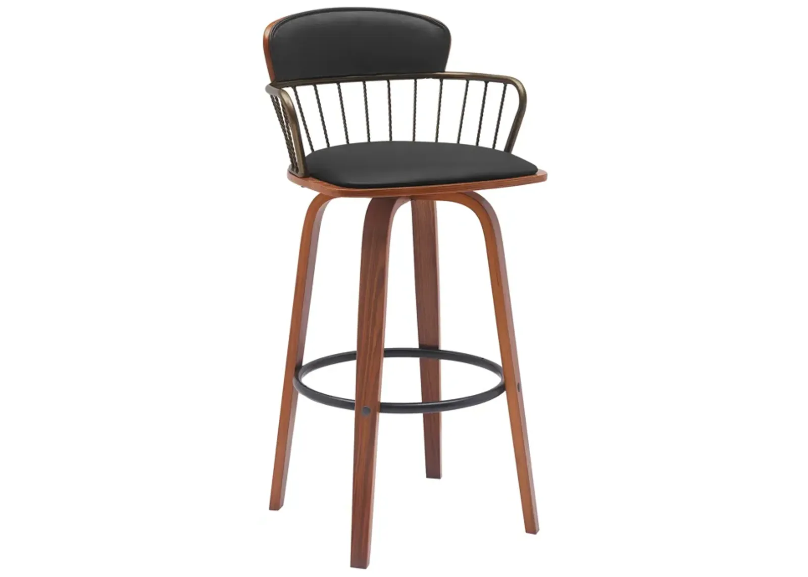 Willow 30" Swivel Walnut Wood Bar Stool in Black Faux Leather with Golden Bronze Metal