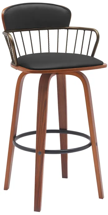 Willow 30" Swivel Walnut Wood Bar Stool in Black Faux Leather with Golden Bronze Metal