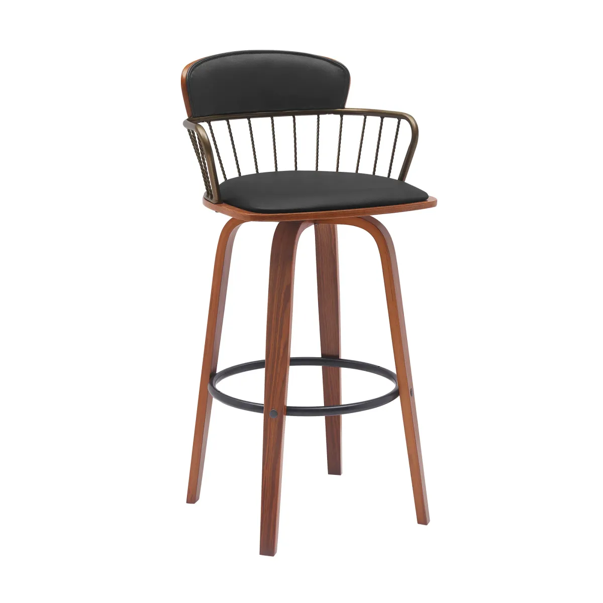 Willow 30" Swivel Walnut Wood Bar Stool in Black Faux Leather with Golden Bronze Metal