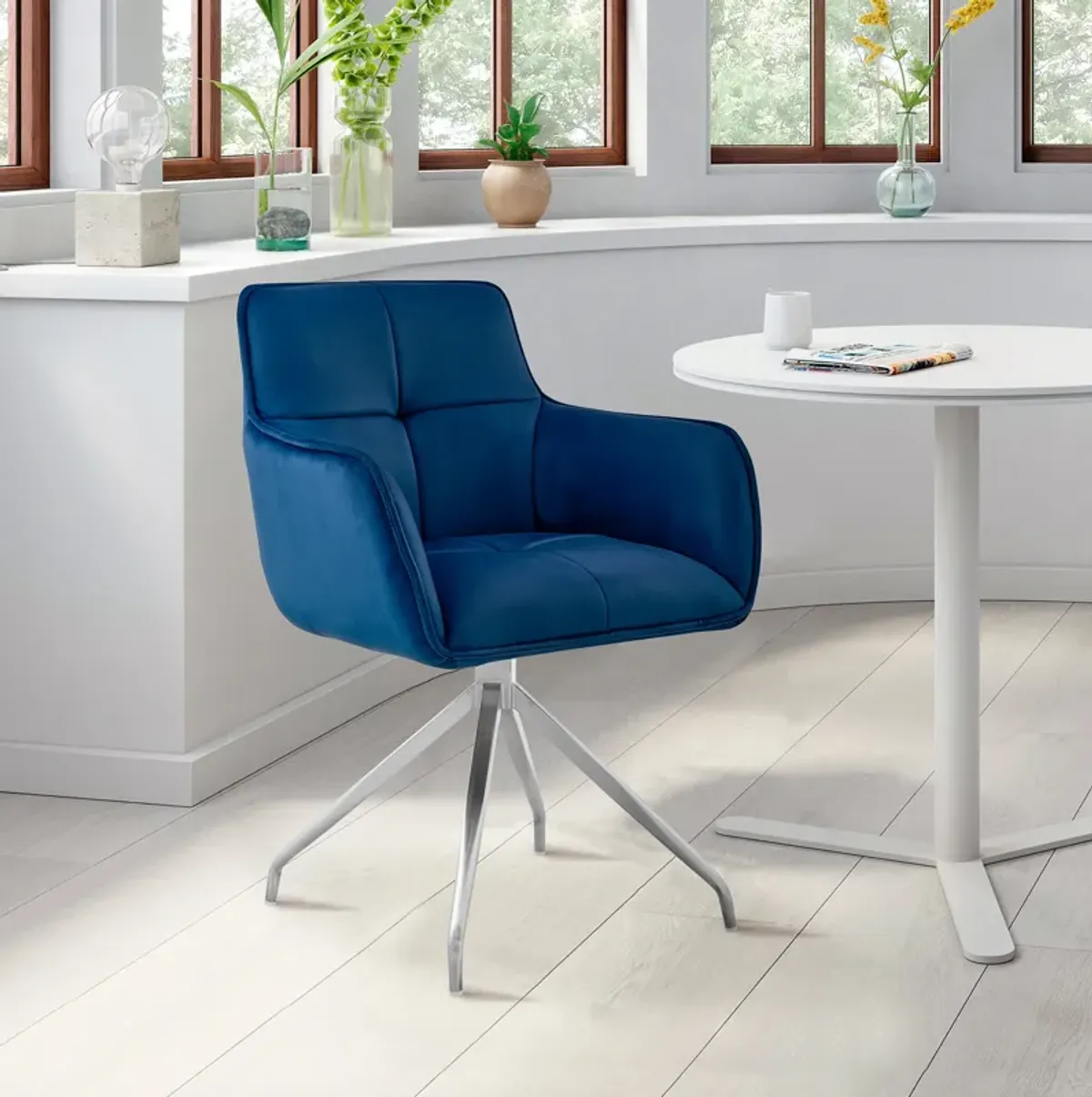 Noah Dining Room Accent Chair in Blue Velvet and Brushed Stainless Steel Finish