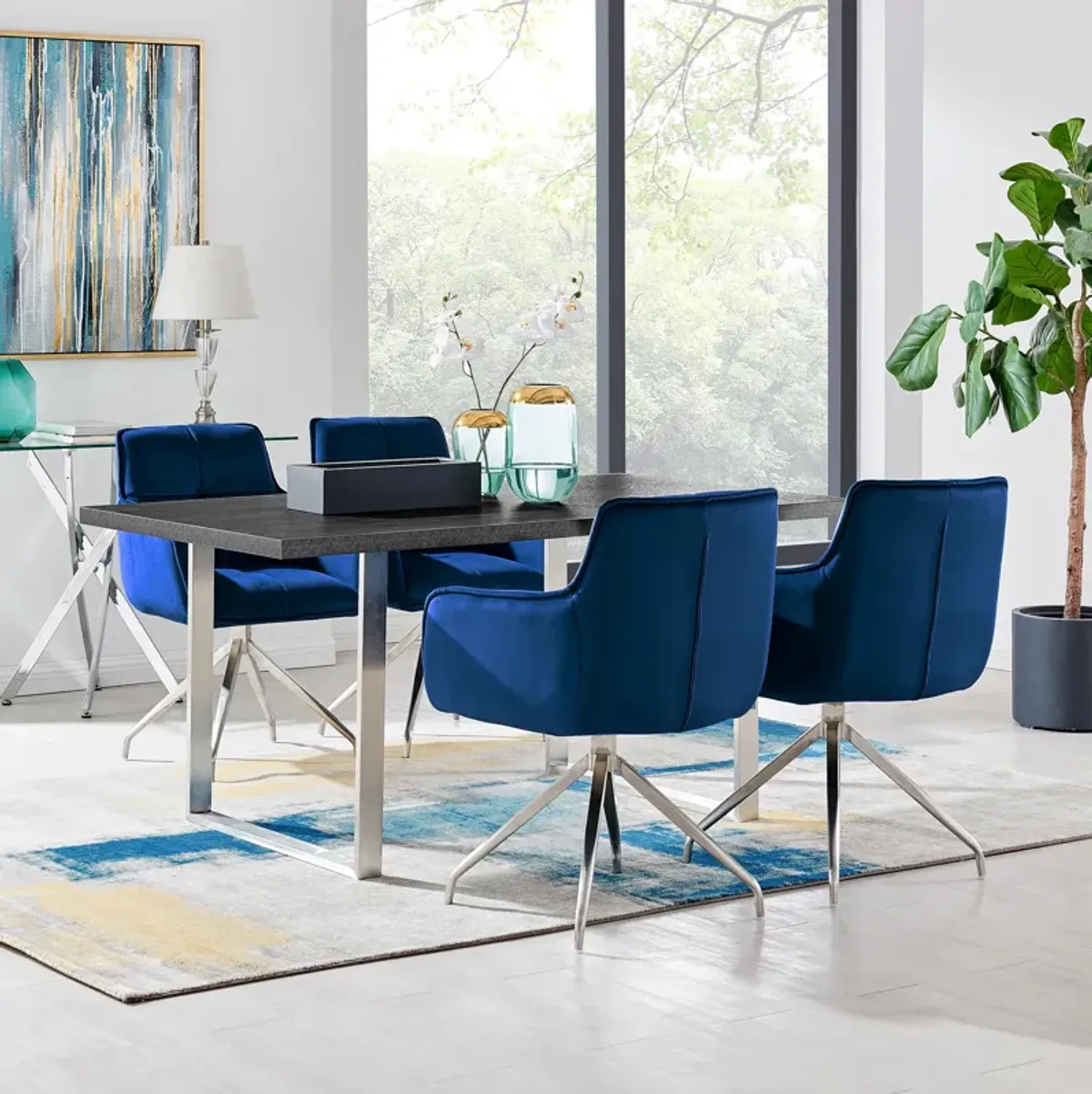 Noah Dining Room Accent Chair in Blue Velvet and Brushed Stainless Steel Finish