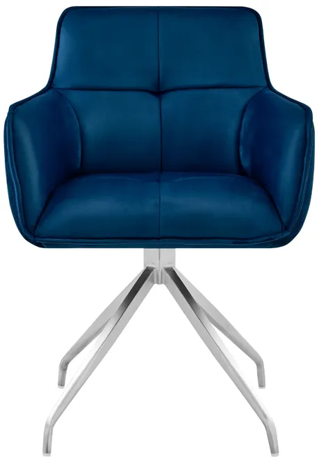 Noah Dining Room Accent Chair in Blue Velvet and Brushed Stainless Steel Finish