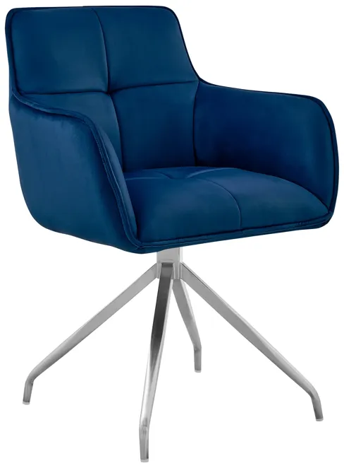 Noah Dining Room Accent Chair in Blue Velvet and Brushed Stainless Steel Finish