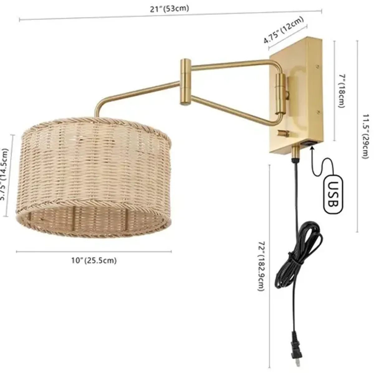 BRAMLEY, 21 INCH, NATURAL/BRASS, RATTAN/IRON WALL SCONCE SET OF 2 W/ USB PORT?