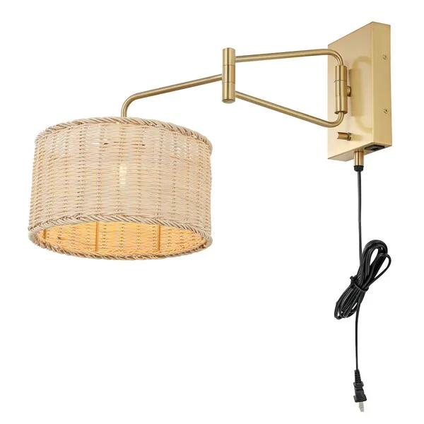 BRAMLEY, 21 INCH, NATURAL/BRASS, RATTAN/IRON WALL SCONCE SET OF 2 W/ USB PORT?