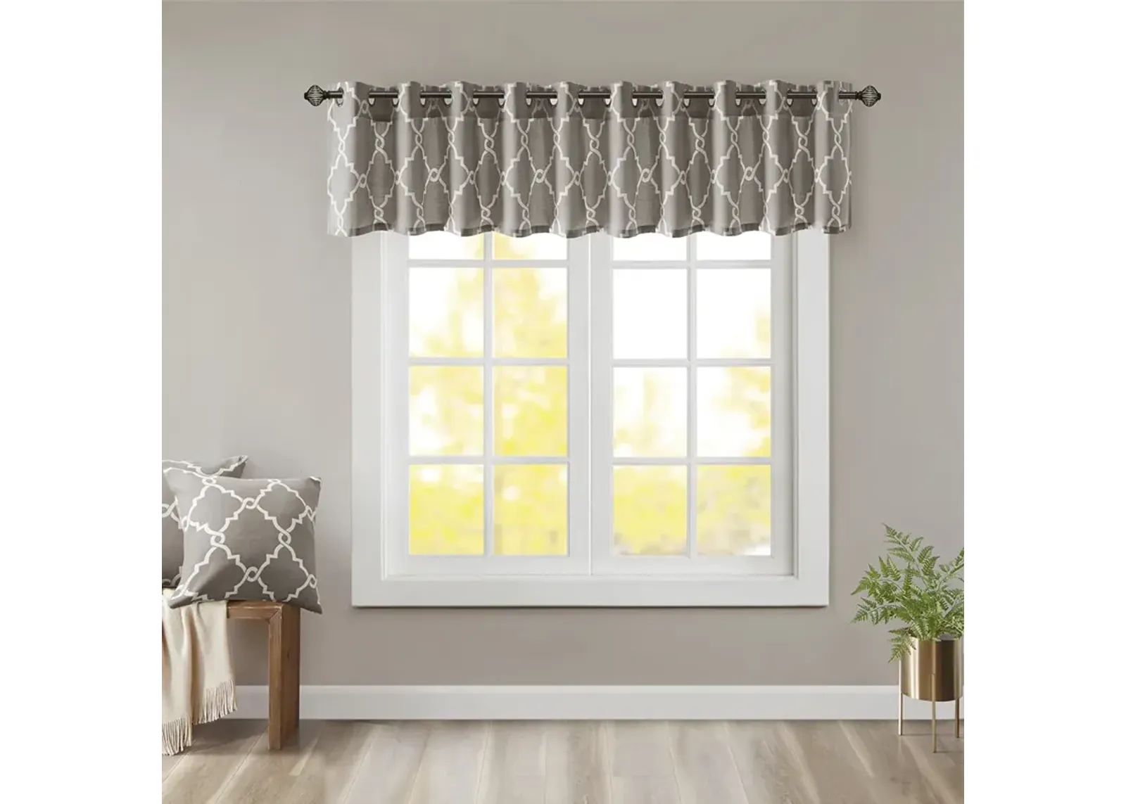 Madison Park Saratoga Grey/White Fretwork Print Grommet Top Window Valance