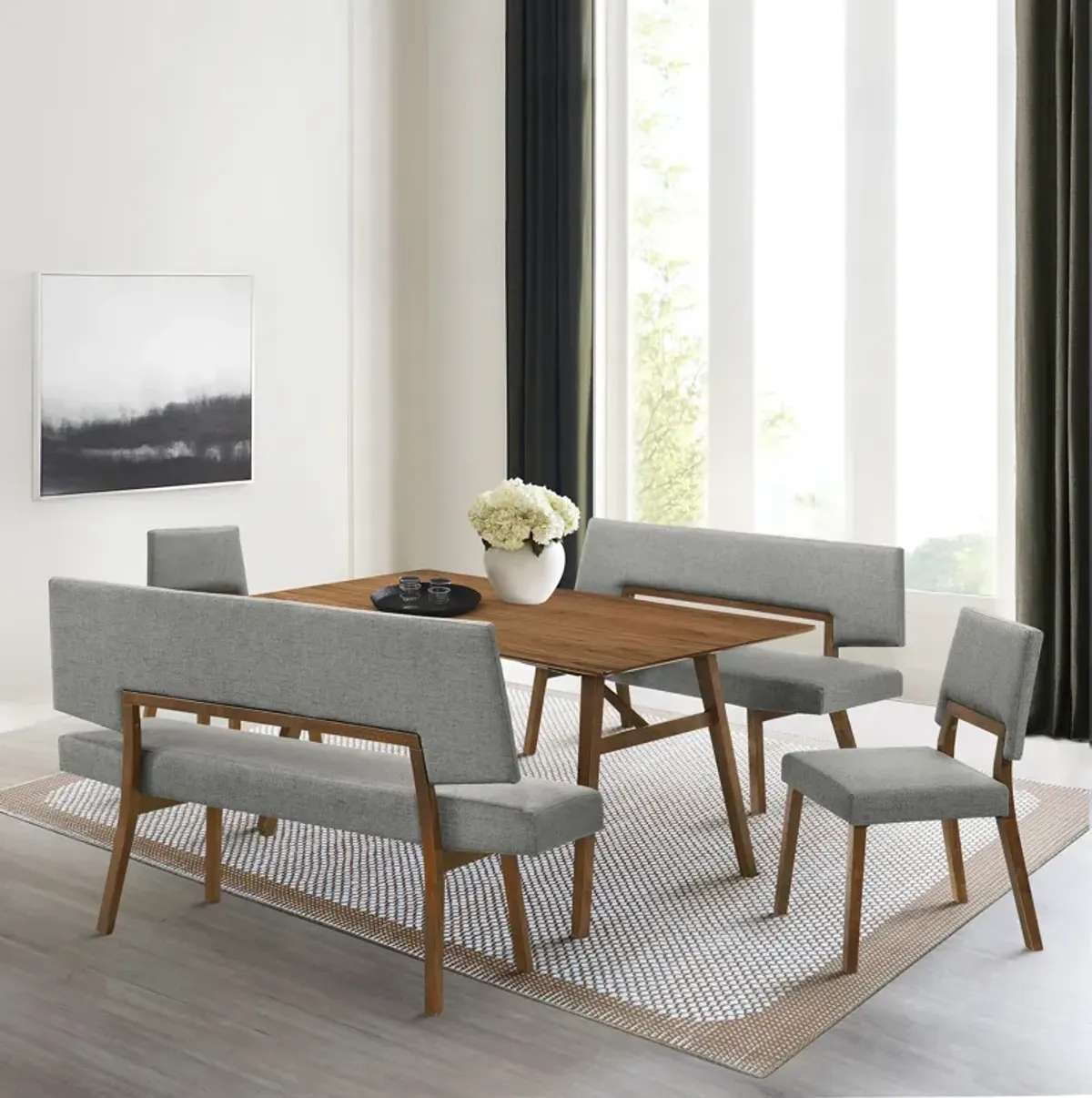 Channell 5 Piece Walnut Wood Dining Table Set with Benches in Charcoal Fabric