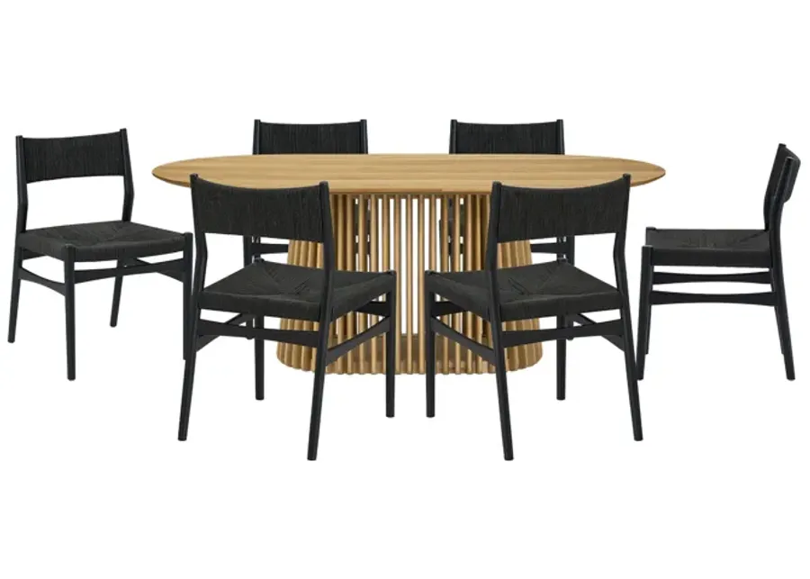 Pasadena Erie 7 Piece Oval Dining Set in Natural Oak Finish with Black Paper Cord Chairs