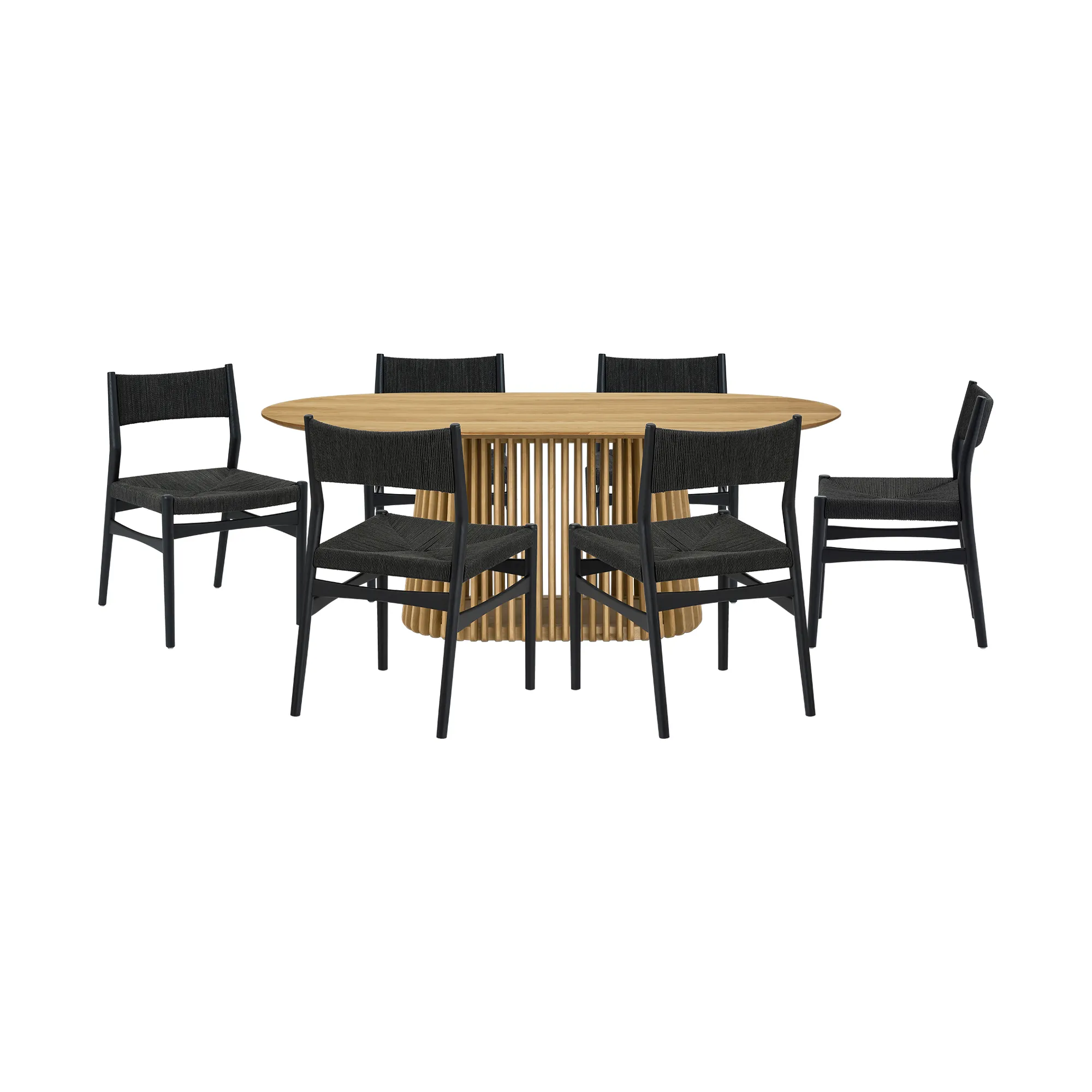 Pasadena Erie 7 Piece Oval Dining Set in Natural Oak Finish with Black Paper Cord Chairs