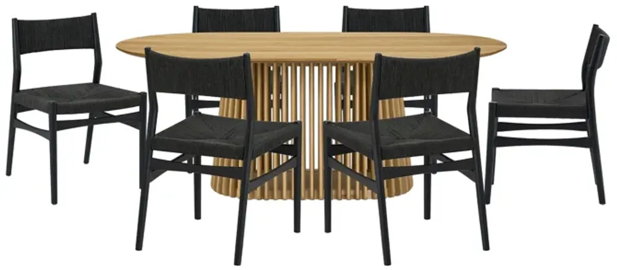 Pasadena Erie 7 Piece Oval Dining Set in Natural Oak Finish with Black Paper Cord Chairs