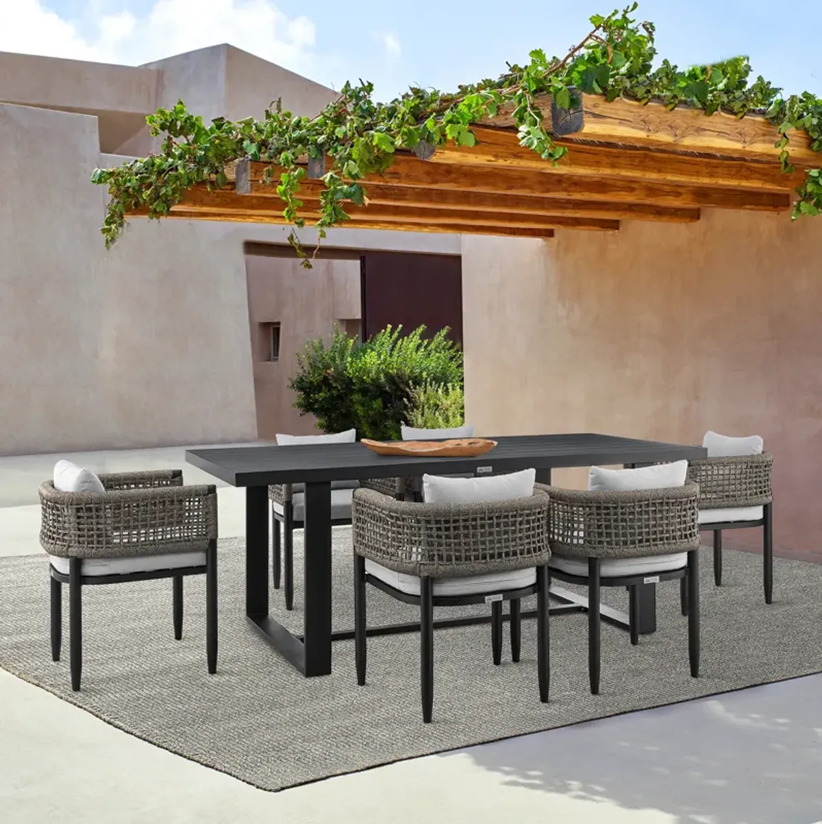 Alegria Outdoor Patio 7-Piece Dining Table Set in Aluminum with Grey Rope and Cushions