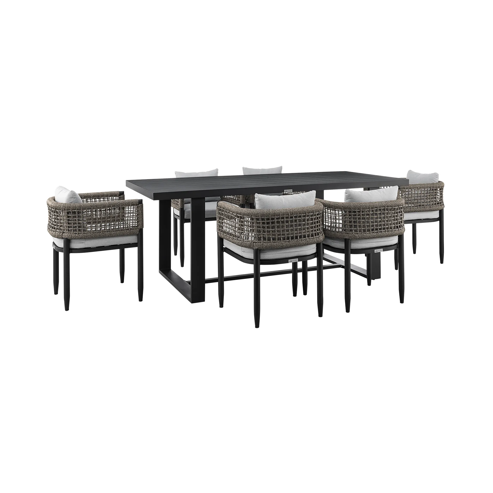 Alegria Outdoor Patio 7-Piece Dining Table Set in Aluminum with Grey Rope and Cushions