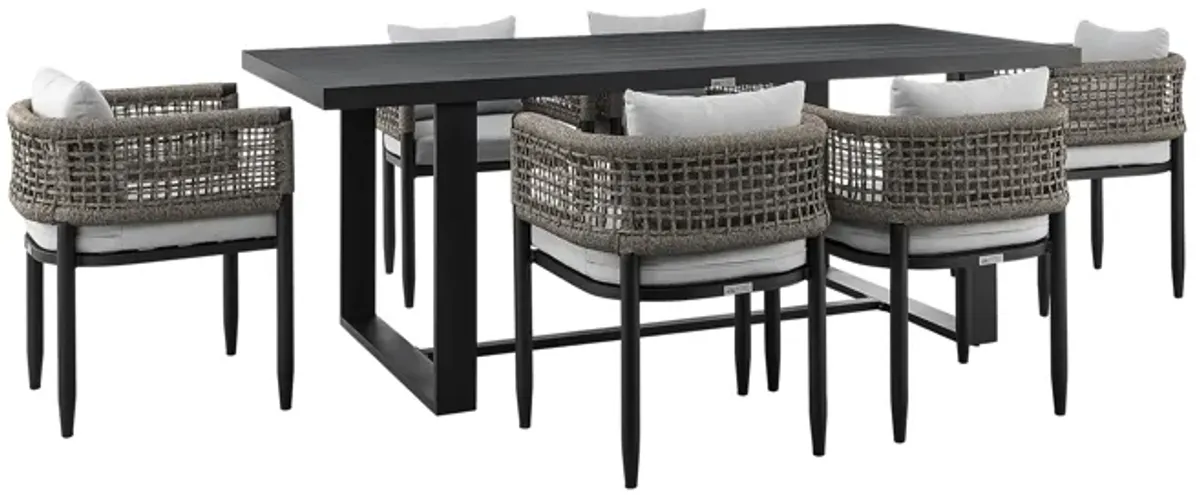 Alegria Outdoor Patio 7-Piece Dining Table Set in Aluminum with Grey Rope and Cushions