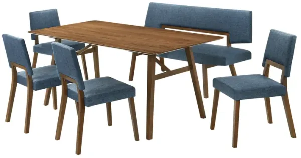 Channell 6 Piece Walnut Wood Dining Table Set with Bench in Blue Fabric