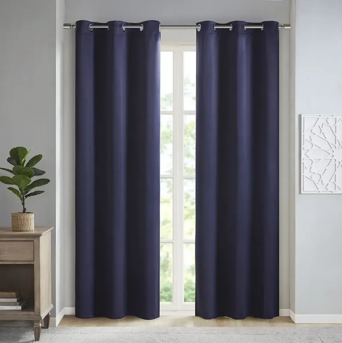 SunSmart Taren Navy Solid Blackout Triple Weave Grommet Top Curtain Panel Pair