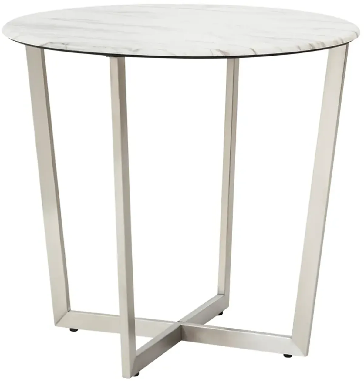 Llona 24" Round Side Table in White Marble Melamine with Brushed Stainless Steel Base