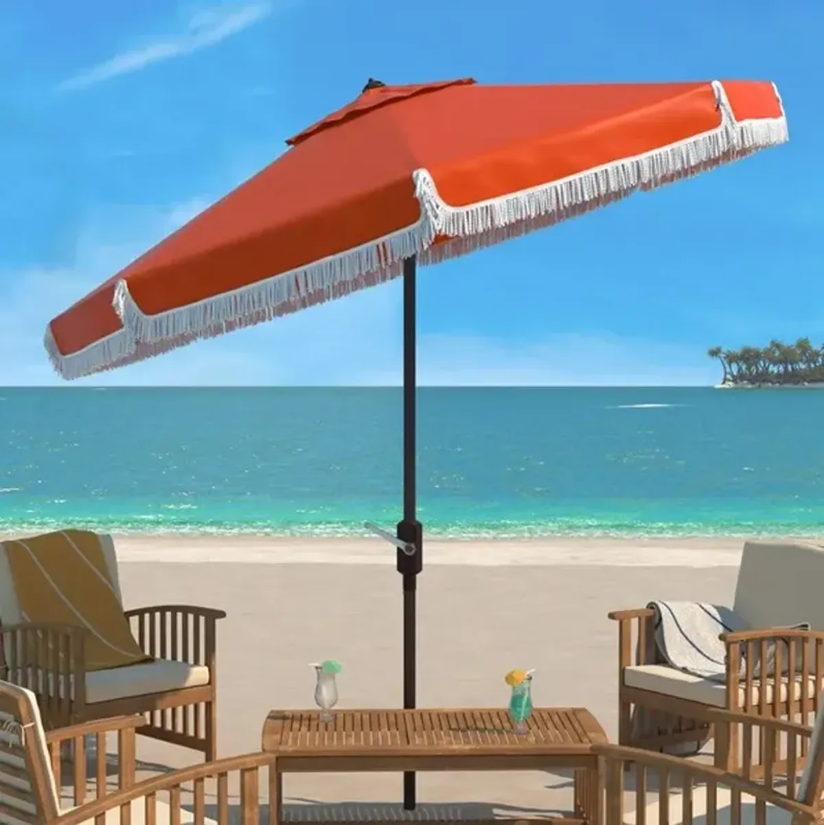 MILAN FRINGE 9FT CRANK OUTDOOR PUSH BUTTON TILT UMBRELLA