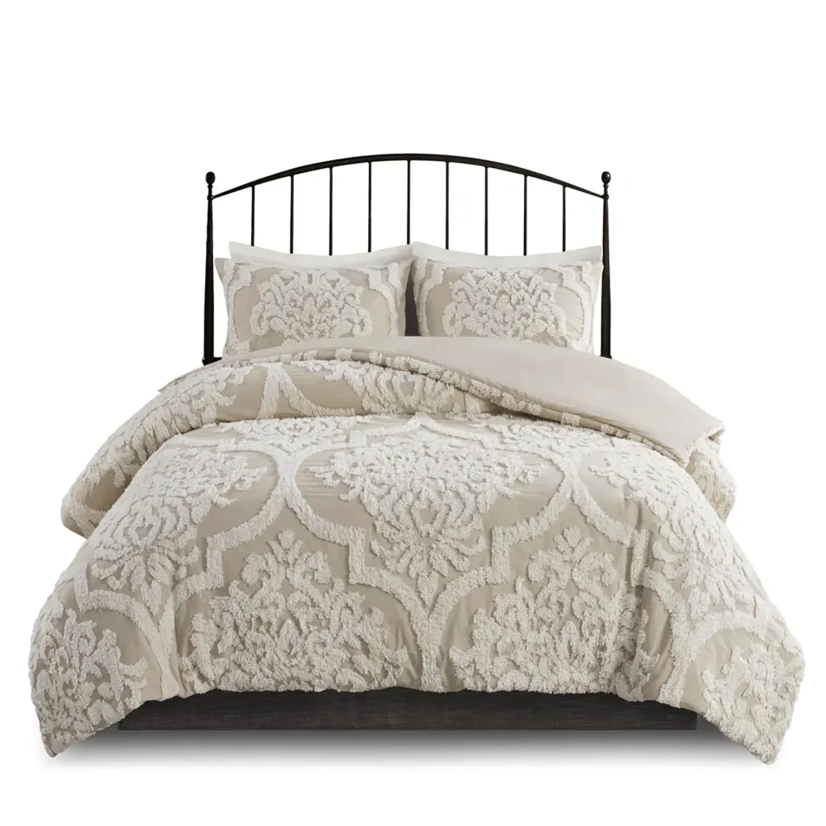 Madison Park Viola Taupe 3 piece Tufted Cotton Chenille Damask Comforter Set