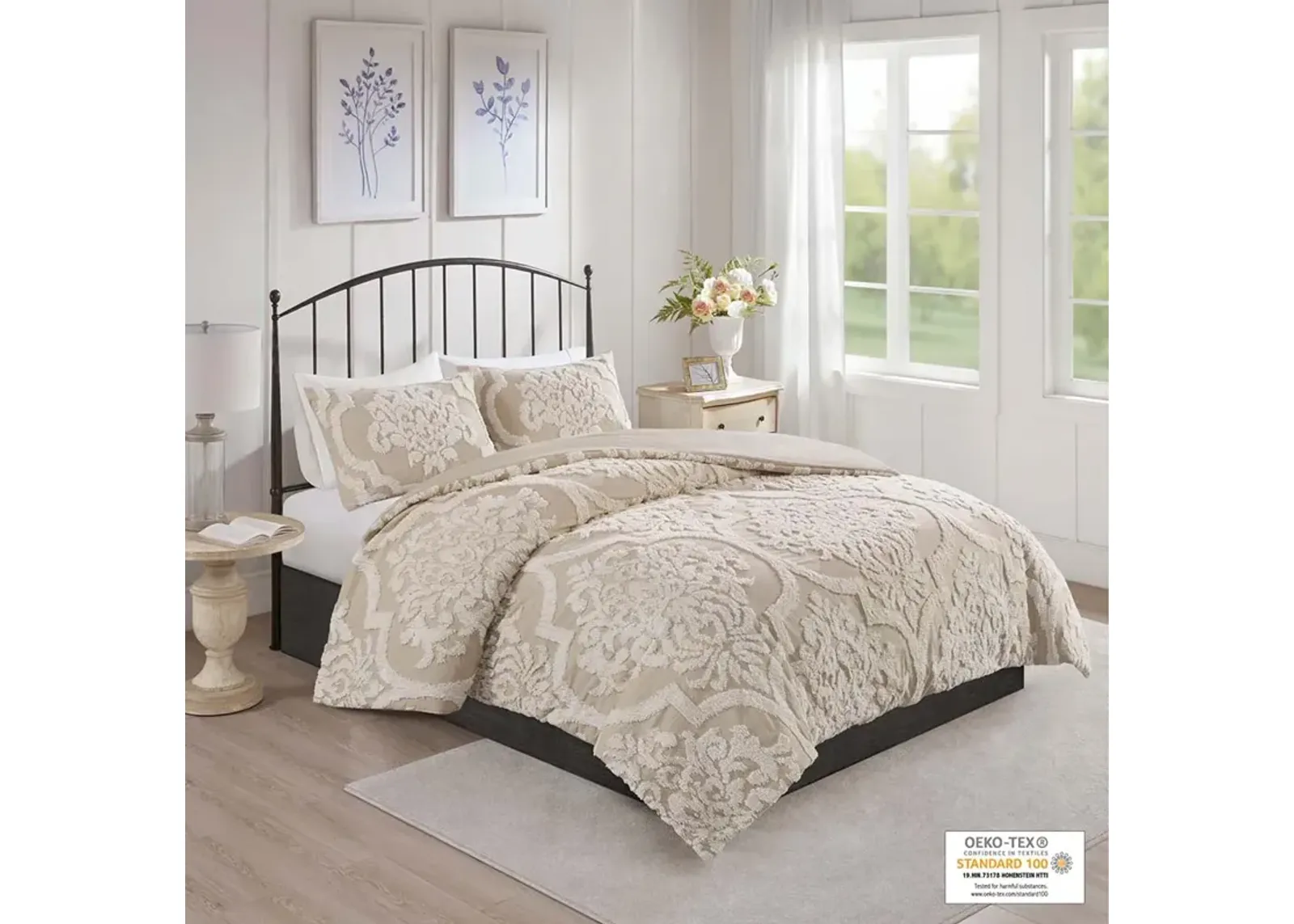 Madison Park Viola Taupe 3 piece Tufted Cotton Chenille Damask Comforter Set