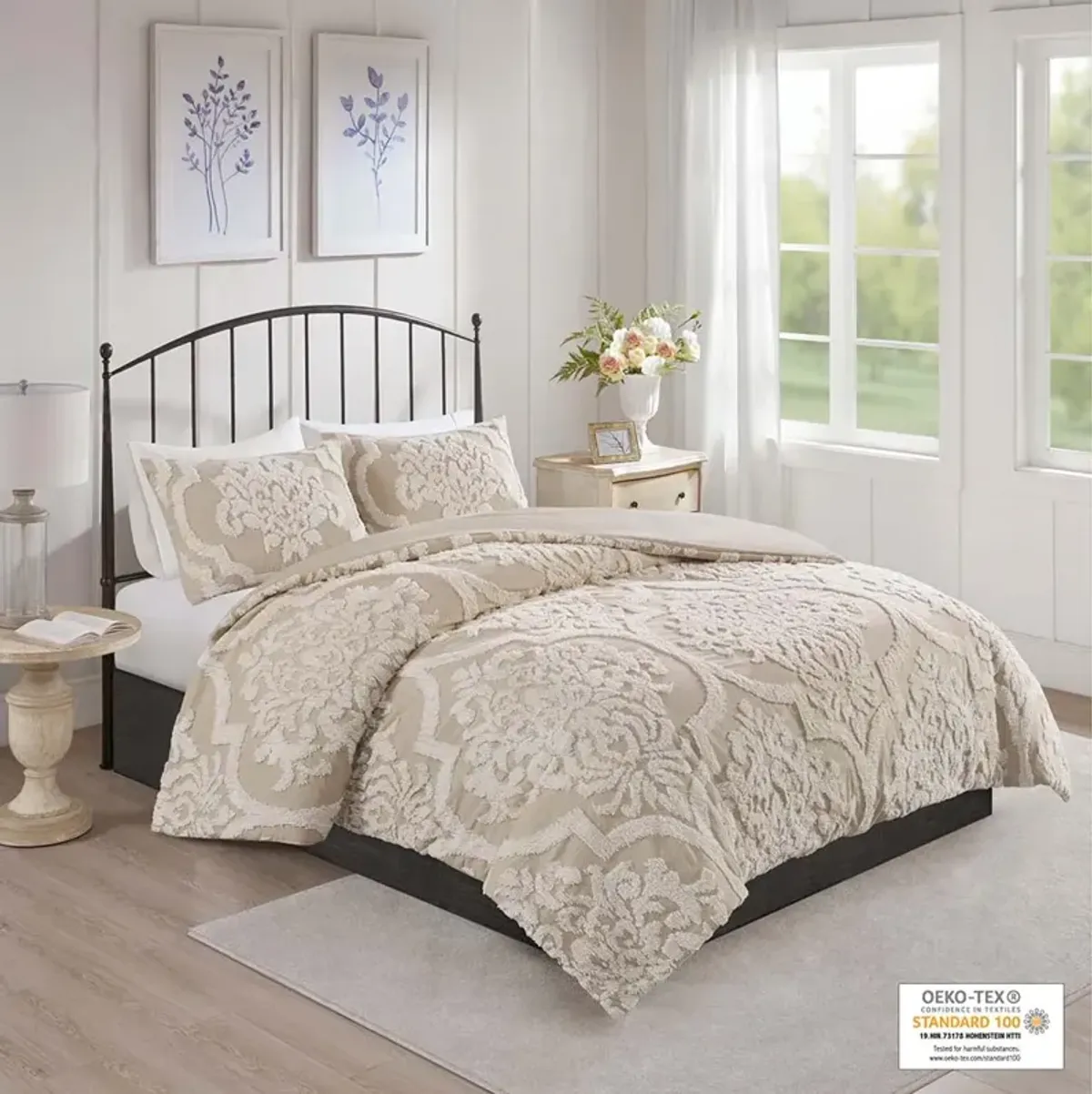 Madison Park Viola Taupe 3 piece Tufted Cotton Chenille Damask Comforter Set