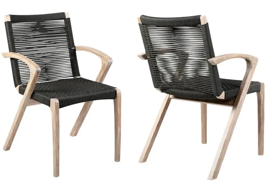 Nabila Outdoor Light Eucalyptus Wood and Charcoal Rope Dining Chairs - Set of 2