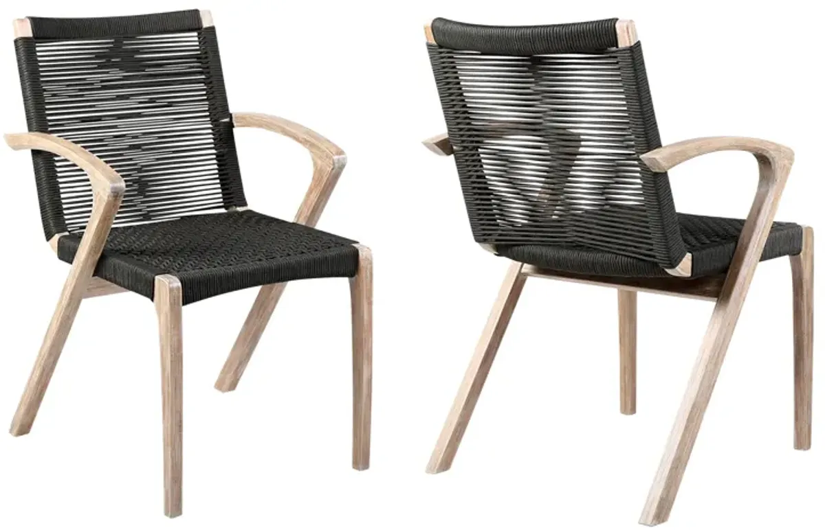 Nabila Outdoor Light Eucalyptus Wood and Charcoal Rope Dining Chairs - Set of 2