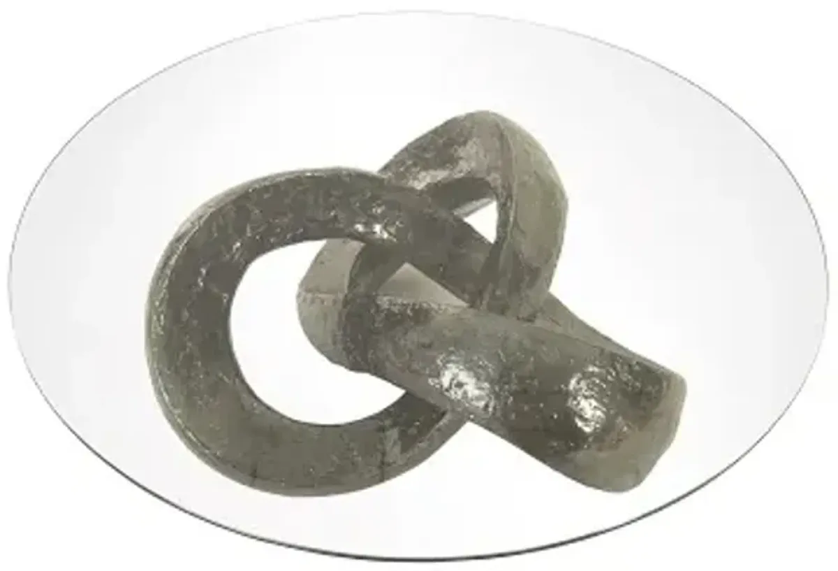 trifoil coffee table, liquid silver w/glass