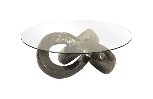 trifoil coffee table, liquid silver w/glass