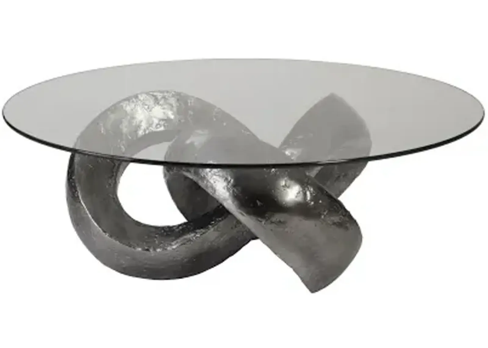 trifoil coffee table, liquid silver w/glass