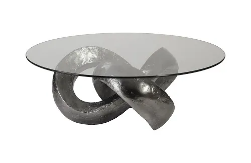 trifoil coffee table, liquid silver w/glass