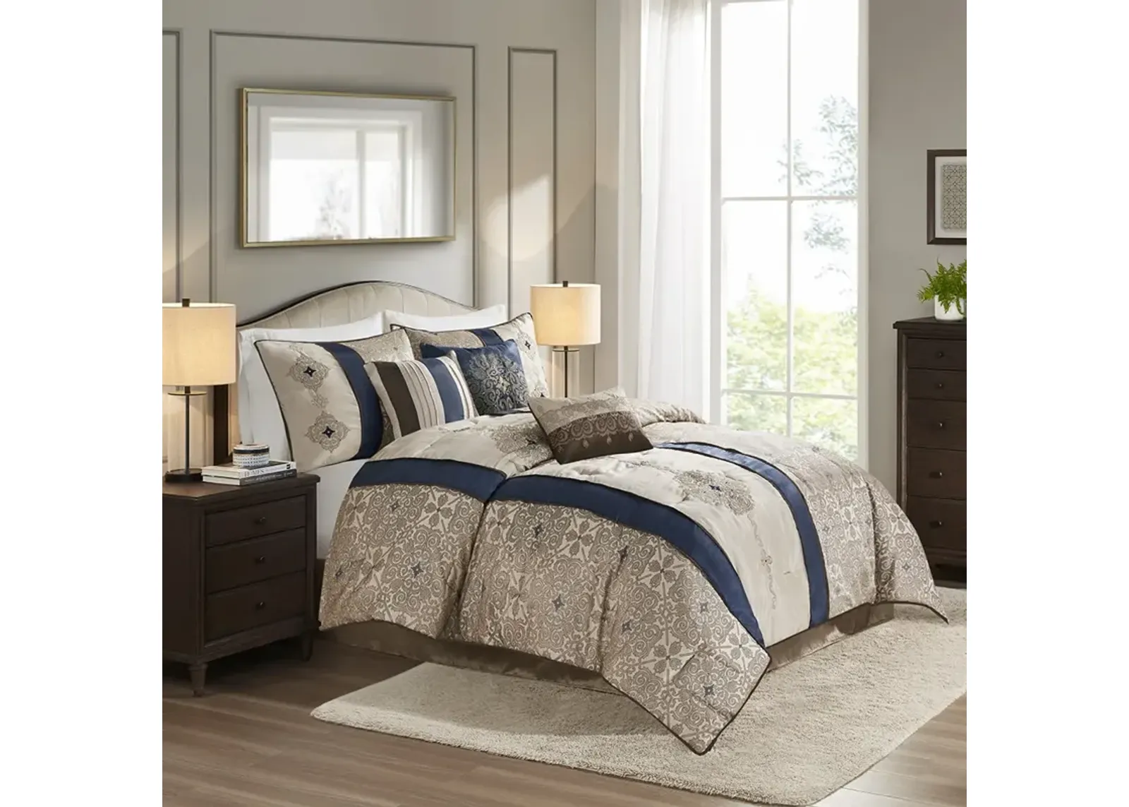 Madison Park Donovan Navy 7 Piece Jacquard Comforter Set with Throw Pillows