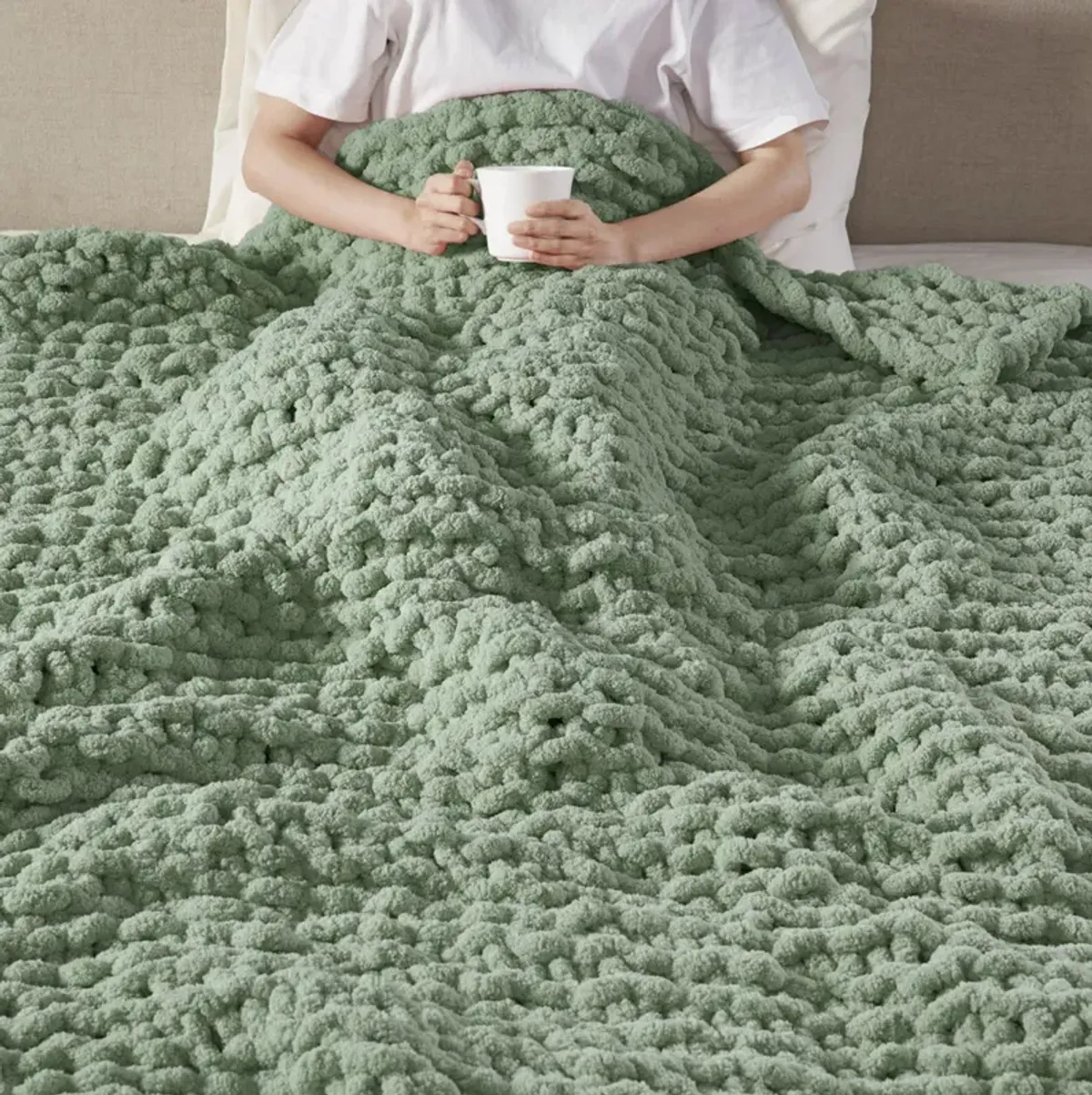 Madison Park Chenille Chunky Knit Sage Green Throw