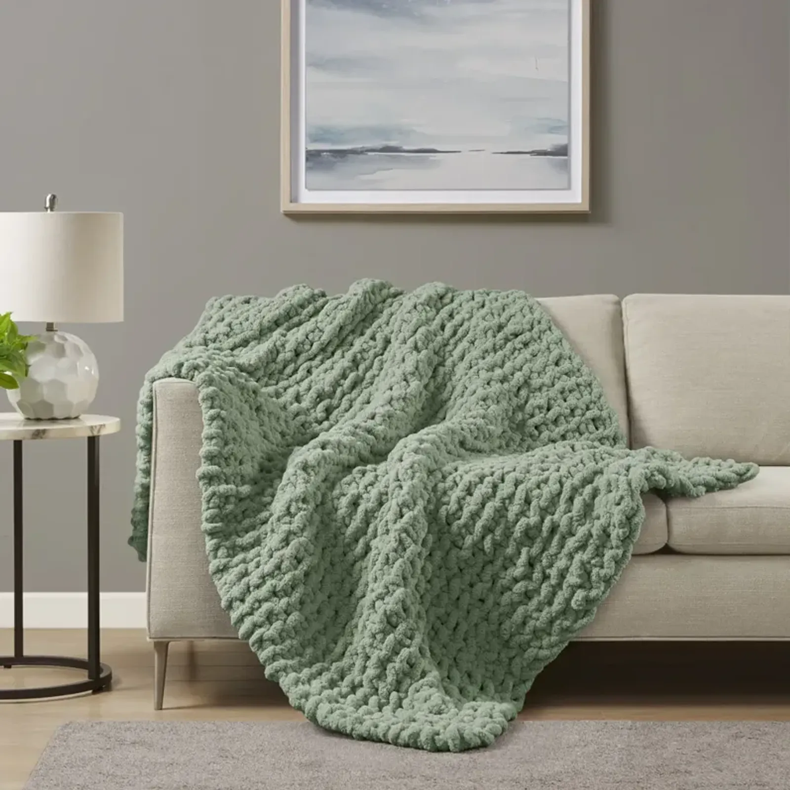 Madison Park Chenille Chunky Knit Sage Green Throw